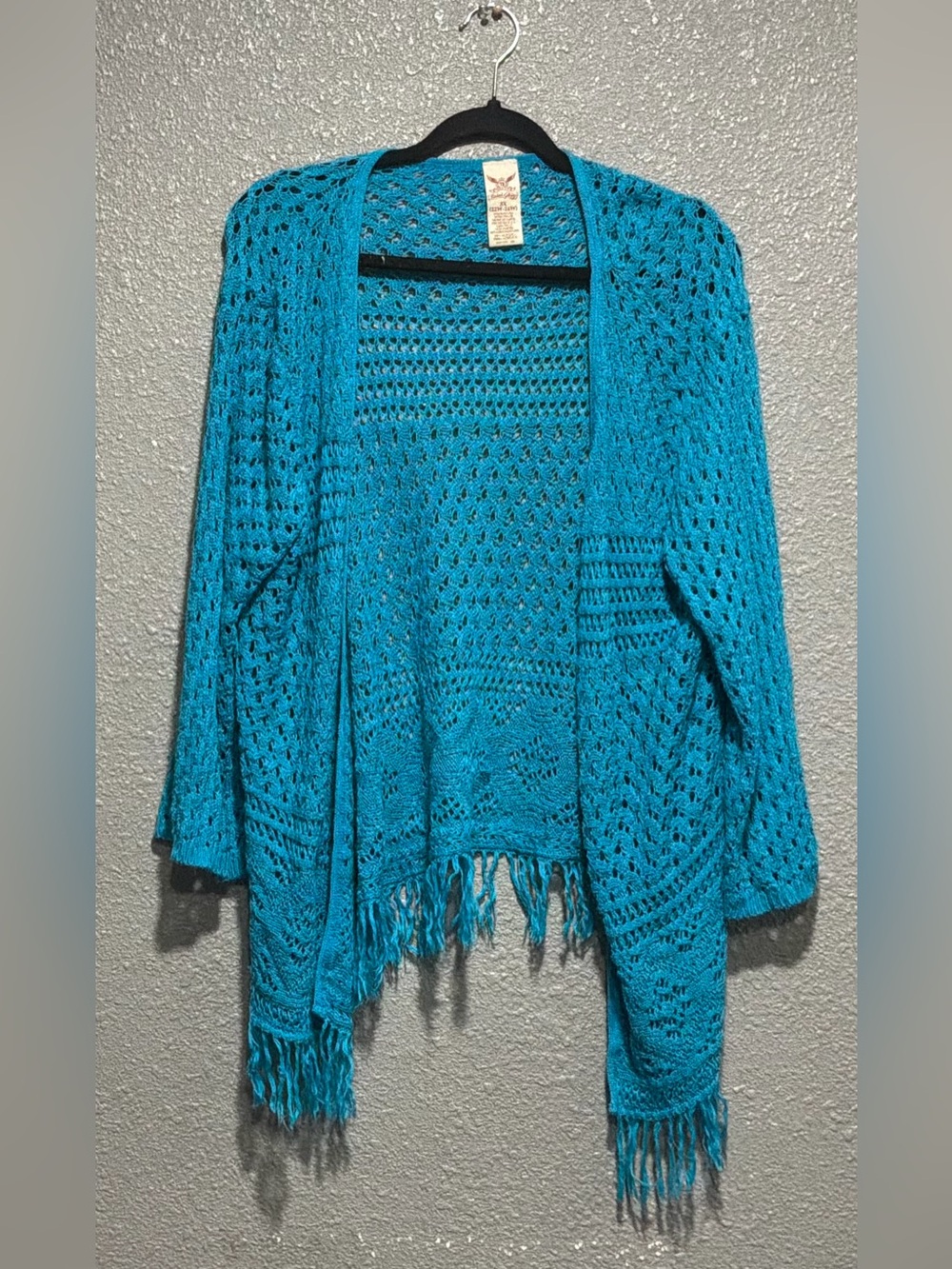 Faded Glory Turquoise Crochet Fringe Open-Front Cardigan